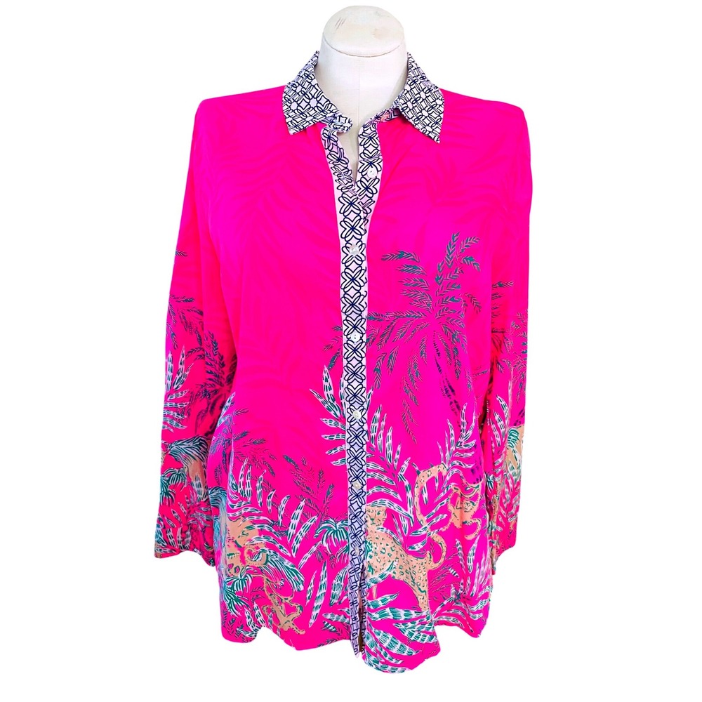 Lilly Pulizer Pink Tropical Leopard Safari Print Button Down Shirt XL PREPPY